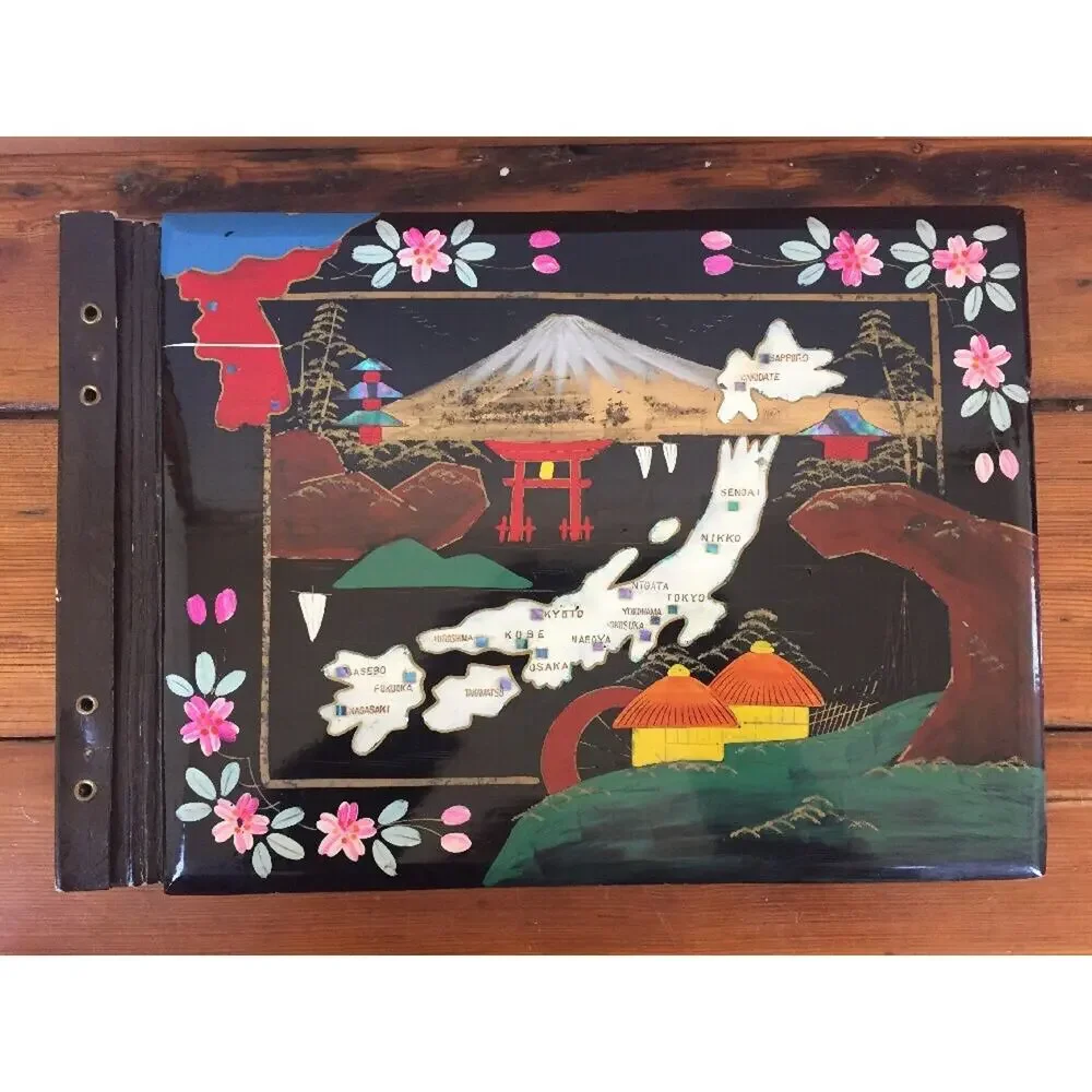Vtg WWII Era Japanese Black Lacquer Mother Of Pearl Inlay Painted Photo Album